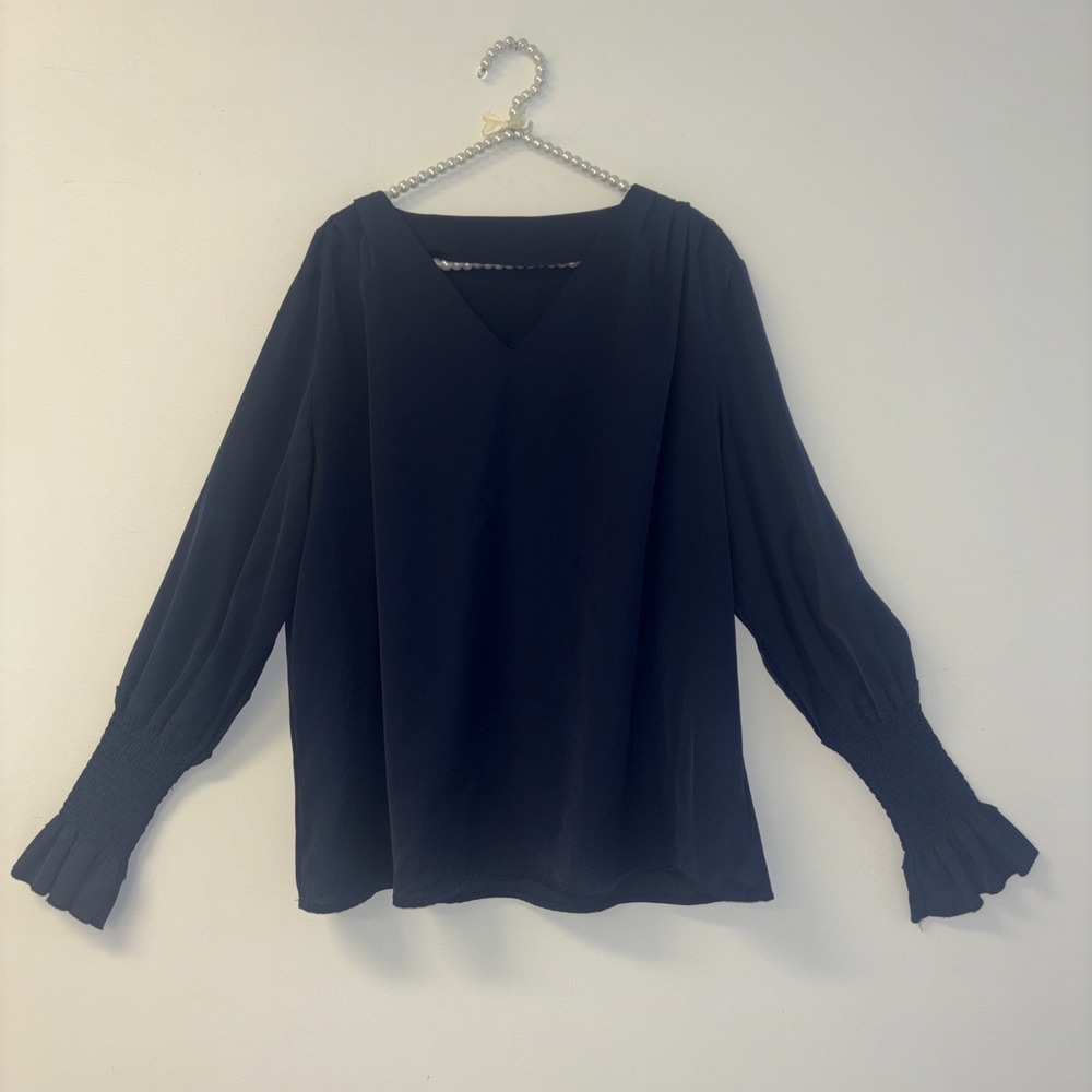 Lyaner Blouse Semi-Sheer Lined Smocked Bell Slv VNeck Top Shirt Navy Stevie Nic